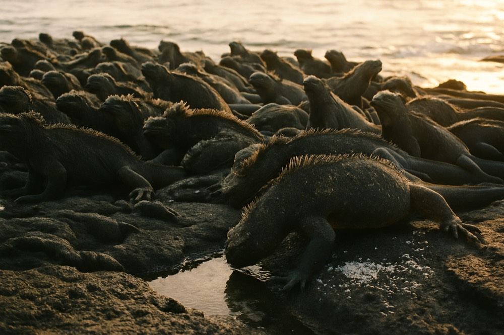 Marine iguanas sunning on dark volcanic rock near the waterline