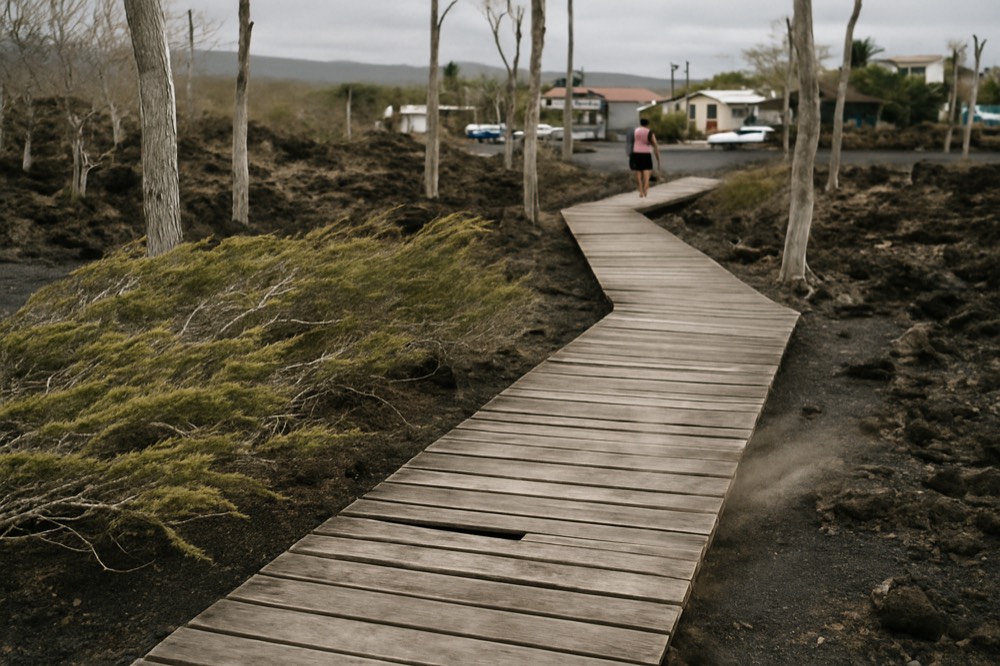 Wooden walkway through arid highland vegetation on a Galapagos island