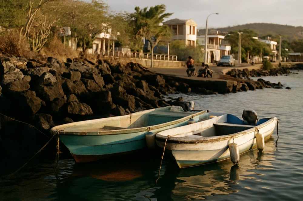 Two small boats moored beside a rocky shoreline in late afternoon light