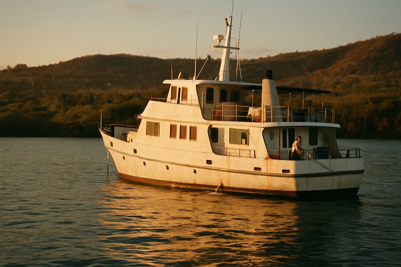 Small expedition yacht anchored in a calm Galapagos bay at golden hour