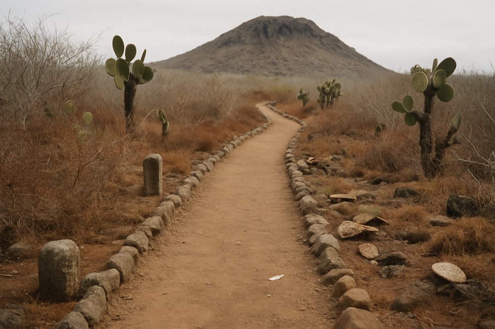 A marked stone trail crossing arid scrub toward a volcanic hillside