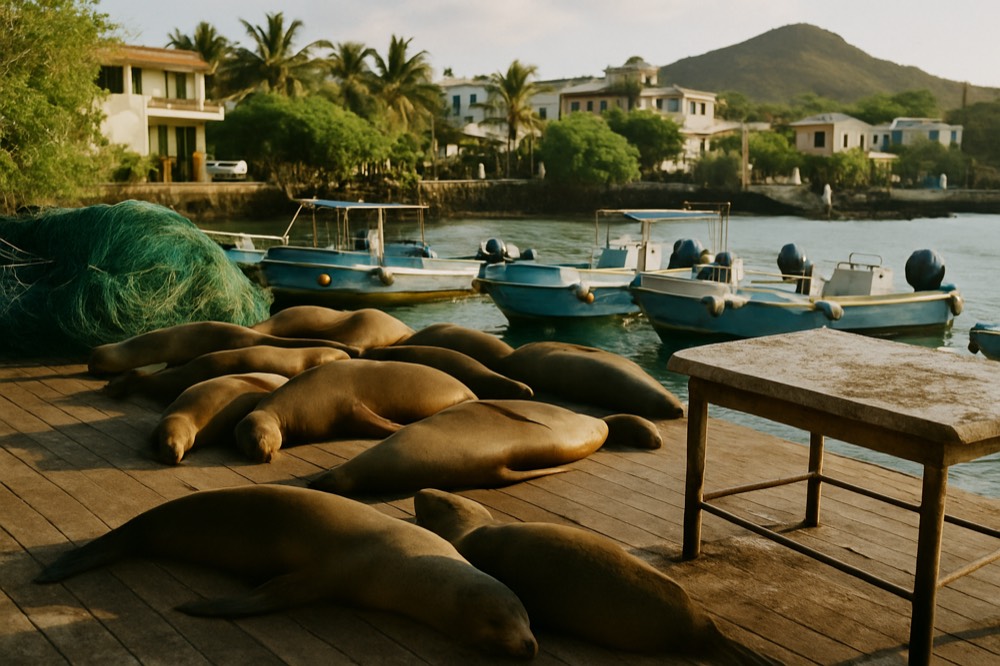 Sea lions resting on a wooden dock beside fishing boats in a small harbour