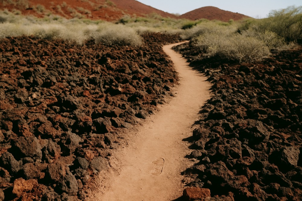 A marked walking trail crossing a field of dark broken lava rock near low shrubs