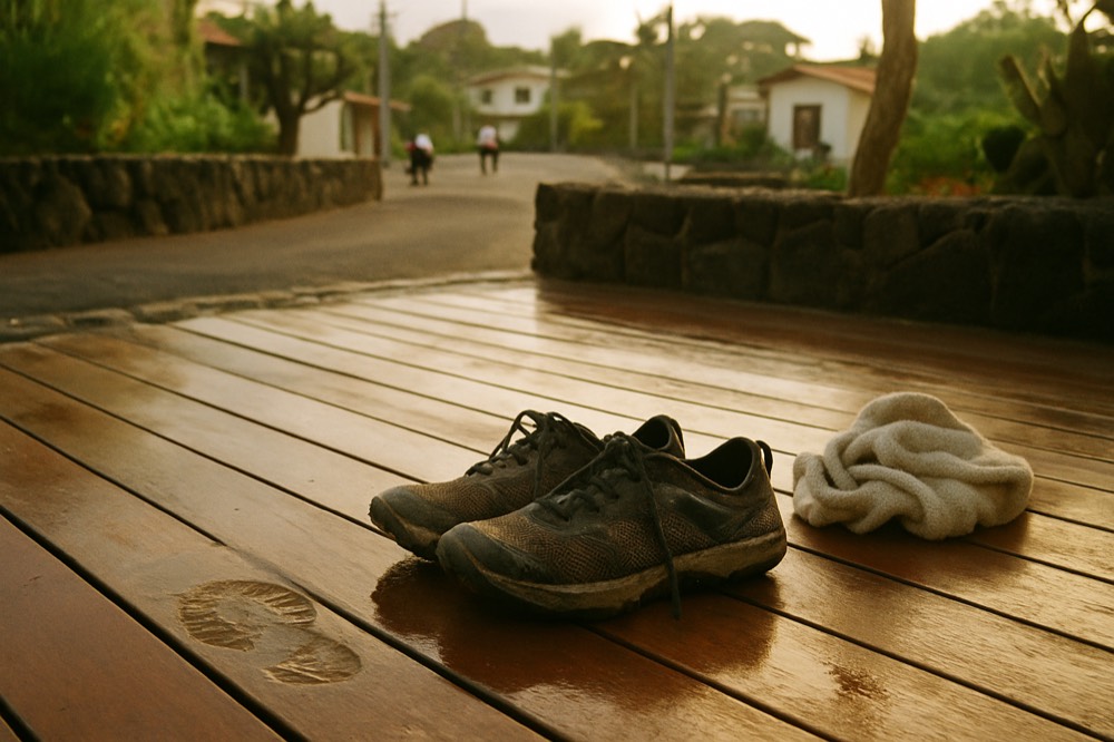 A pair of worn trail shoes drying on a wooden deck beside a wet towel