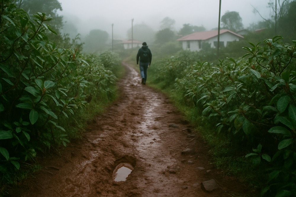 A misty highland trail on Santa Cruz with muddy ground and low vegetation