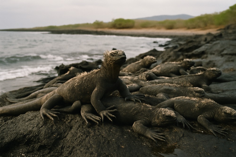 Marine iguanas resting on dark volcanic rock near the waterline