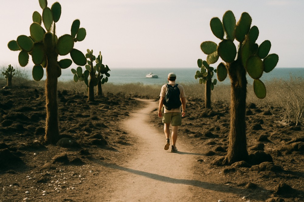 A trail winding through arid volcanic terrain with candelabra cacti and a distant visitor boat