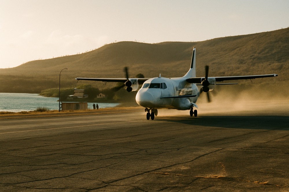 A small aircraft on a low airstrip beside turquoise water with low dry hills behind it