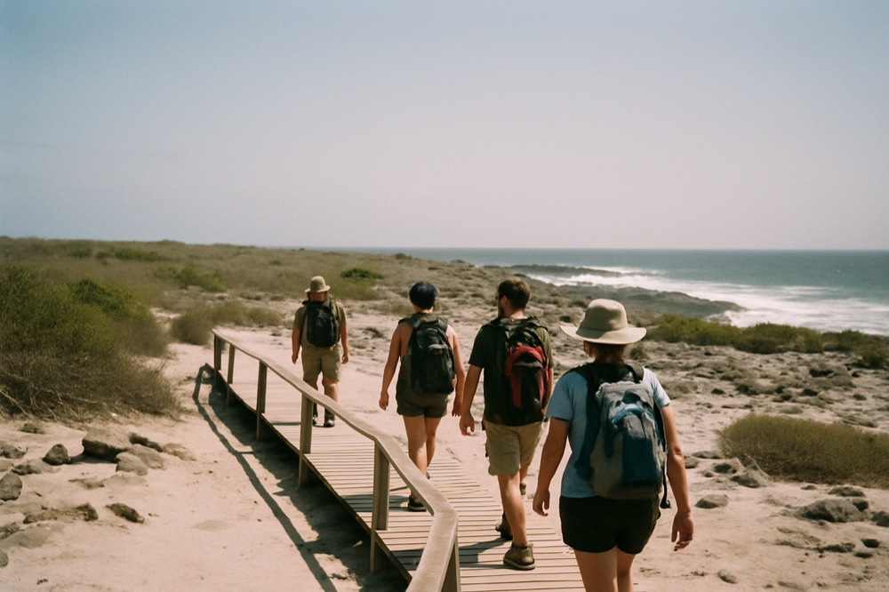 A group of tourists walking on a volcanic trail with a guide, carrying daypacks