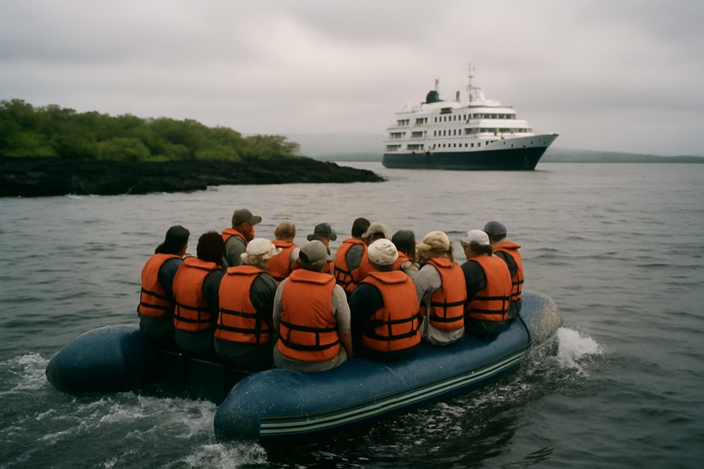 A small cruise ship anchored near a rocky shoreline with passengers boarding a panga