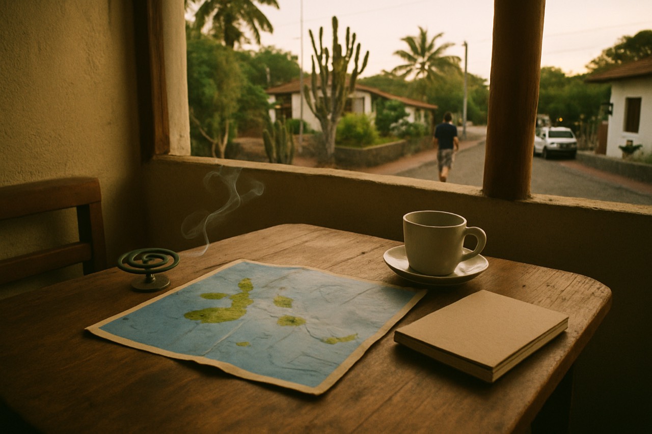 A traveller consulting a map of the Galapagos Islands on a wooden table with a coffee cup and a notebook