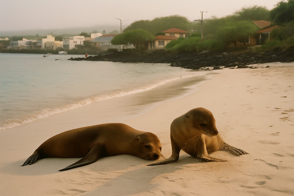 Sea lions resting on a white sand beach beside calm shallow water