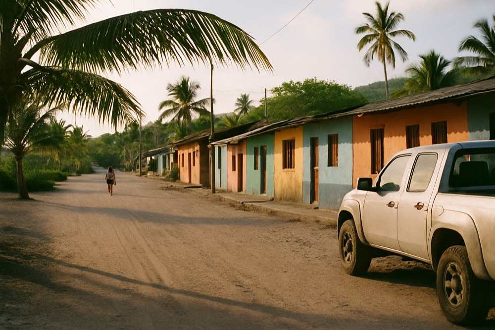 Colourful small houses along a waterfront street in a Galapagos town