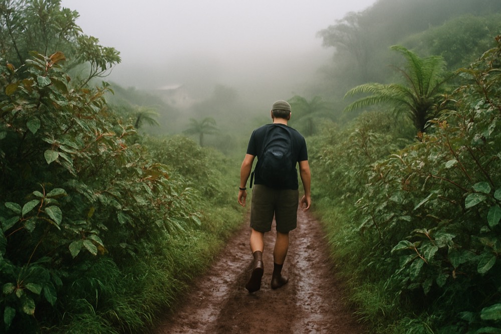 A hiking trail through misty green highland vegetation on a Galapagos island