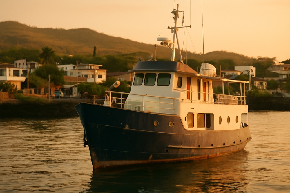 A small expedition vessel moored in a calm bay at golden hour