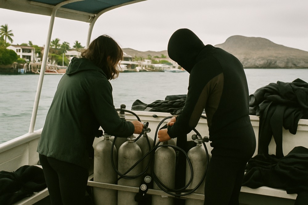 Divers preparing gear on the deck of a small boat near rocky islands