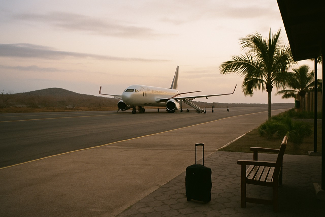 An airliner on a coastal runway at dusk with palm trees and warm light along the tarmac