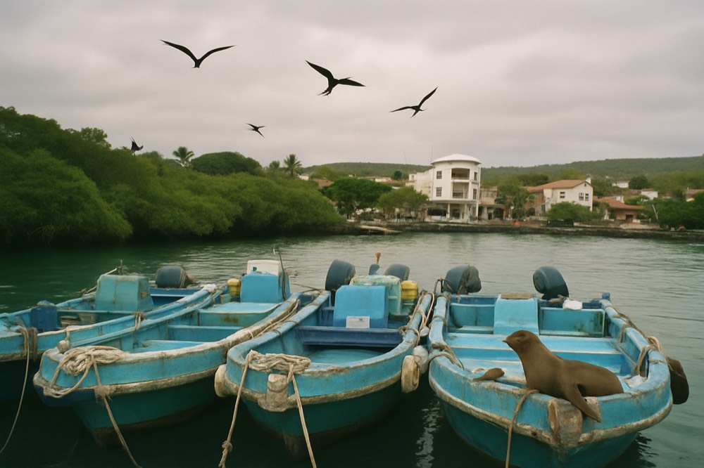 Puerto Ayora waterfront on Santa Cruz Island with fishing boats moored along the shore