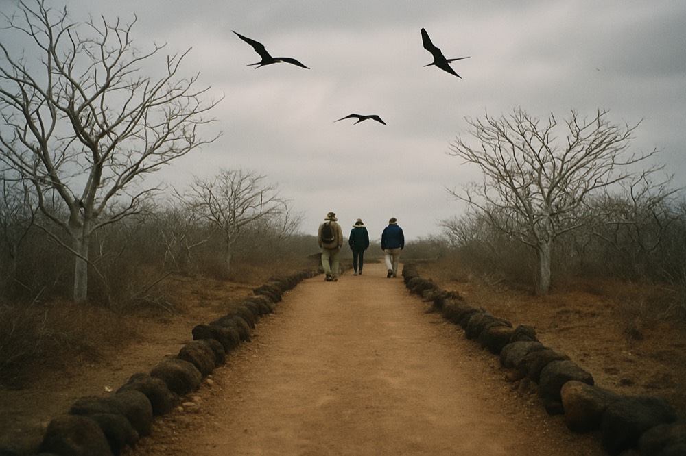 Visitors walking a marked trail through arid Galapagos landscape with a naturalist guide