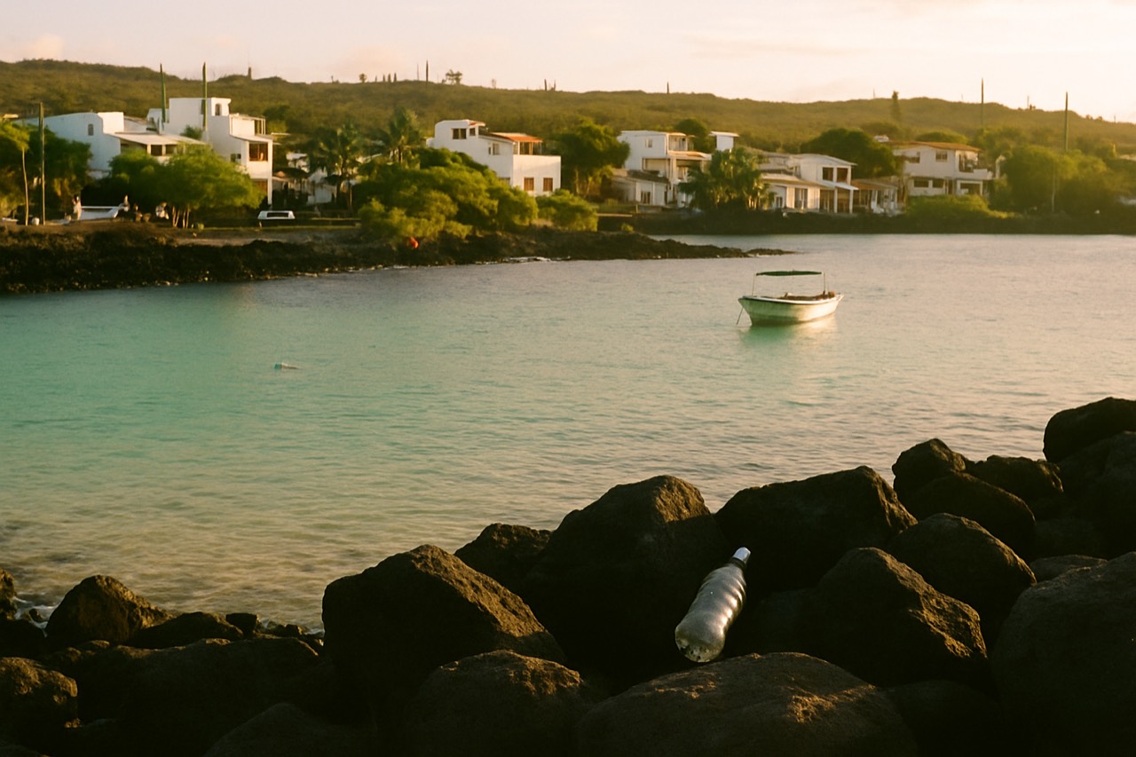 Calm turquoise bay in the Galapagos Islands with a small anchored boat and volcanic rock shoreline
