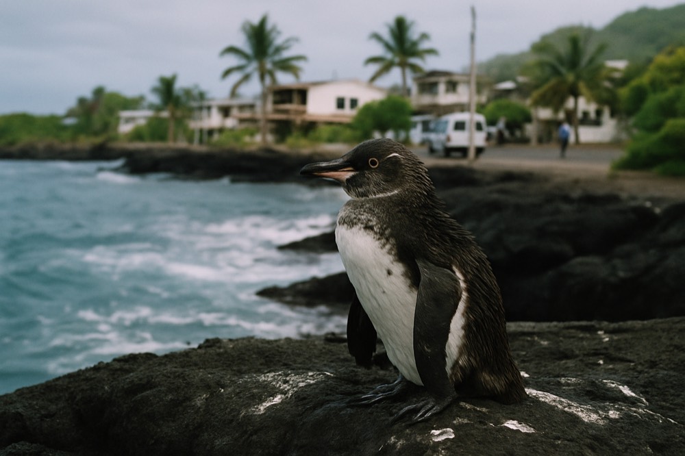 A Galapagos penguin standing on lava rock near the shoreline