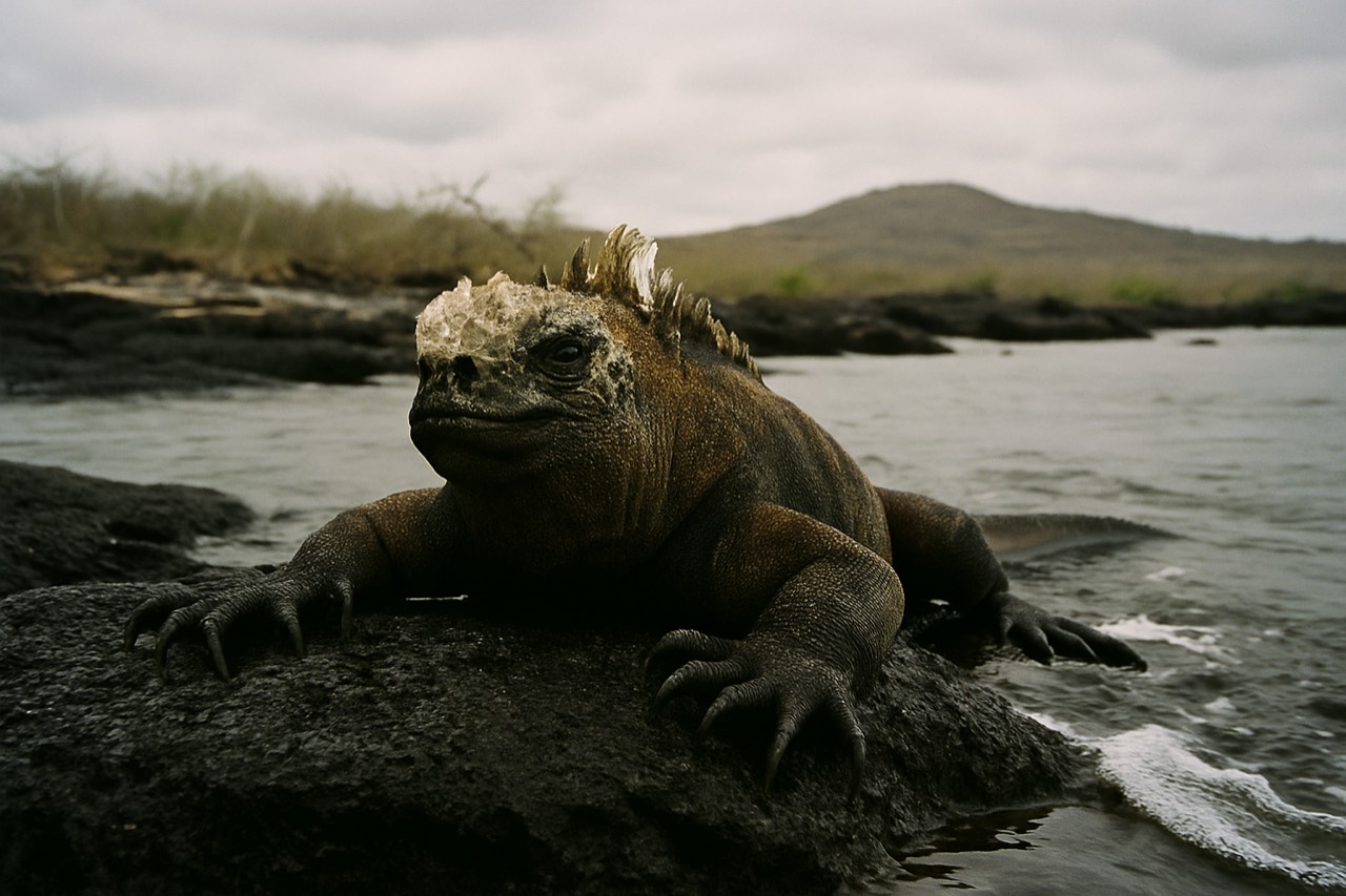 A marine iguana resting on dark volcanic rock beside the sea