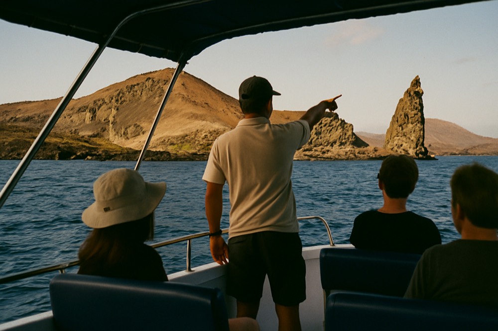 A naturalist guide pointing toward volcanic rock formations while passengers watch from a small boat