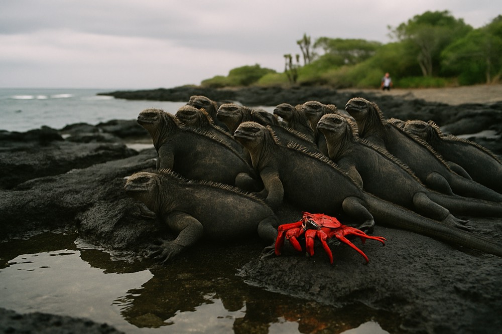Marine iguanas resting on dark lava rock near the waterline on a western Galapagos island