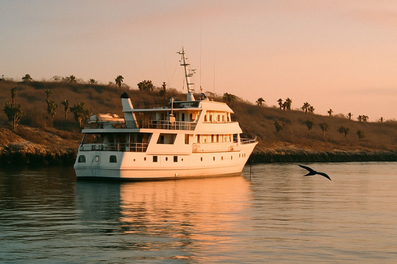 A small cruise vessel anchored in a calm Galapagos bay at golden hour with volcanic rocks along the shore