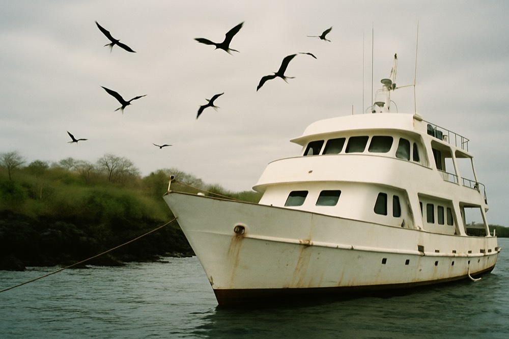 A small white yacht moored near a rocky Galapagos shoreline with seabirds overhead