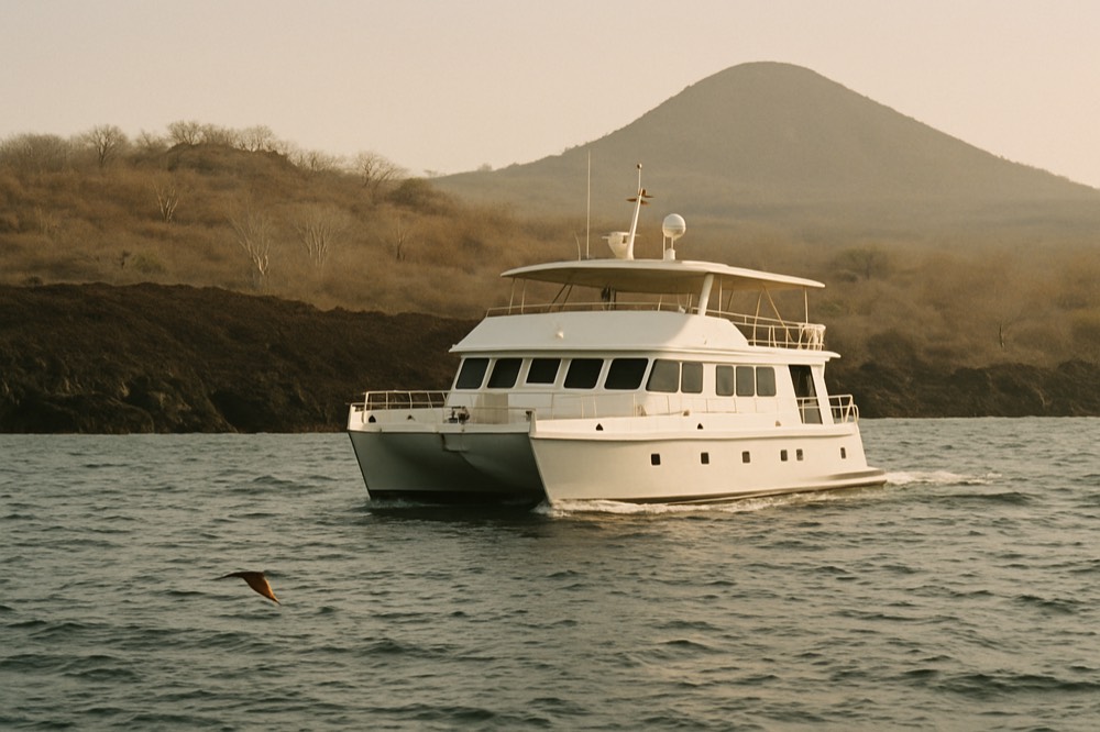 An expedition catamaran cruising past a volcanic Galapagos coastline
