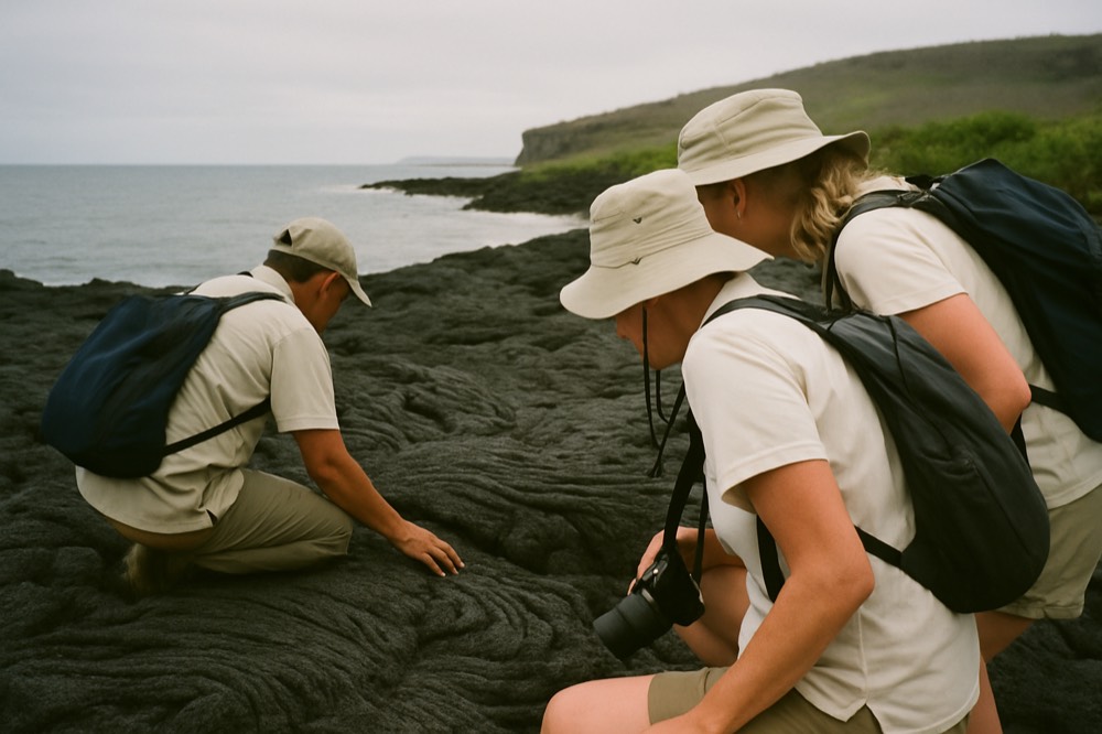 A naturalist guide speaking with a small group of travellers on a lava shoreline