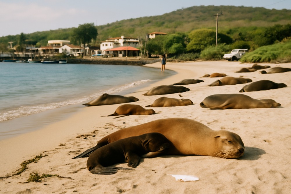 Sea lions resting on a flat sandy beach beside calm shallow water