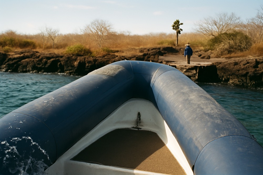 A small open panga boat approaching a rocky shore where passengers prepare to step out