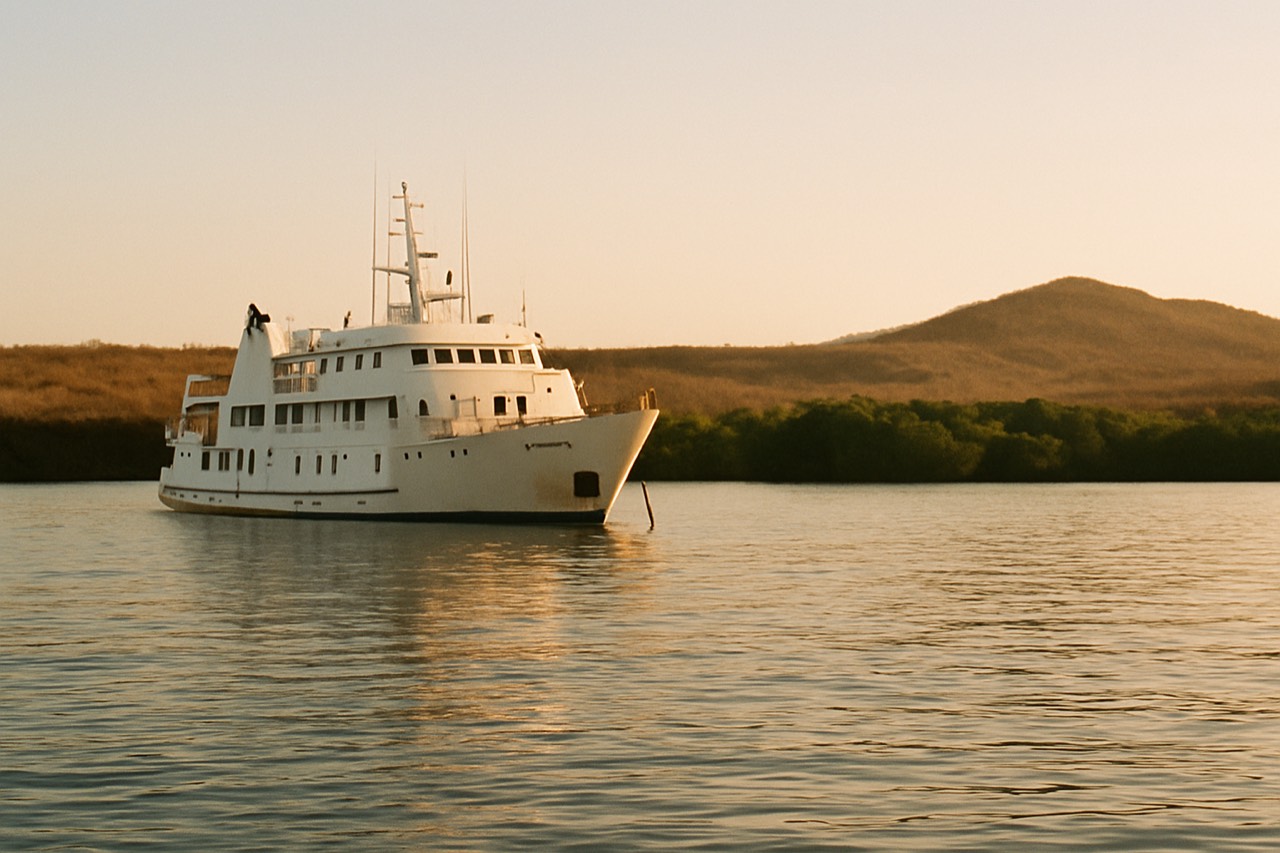 A small expedition ship anchored in a calm Galapagos bay at golden hour