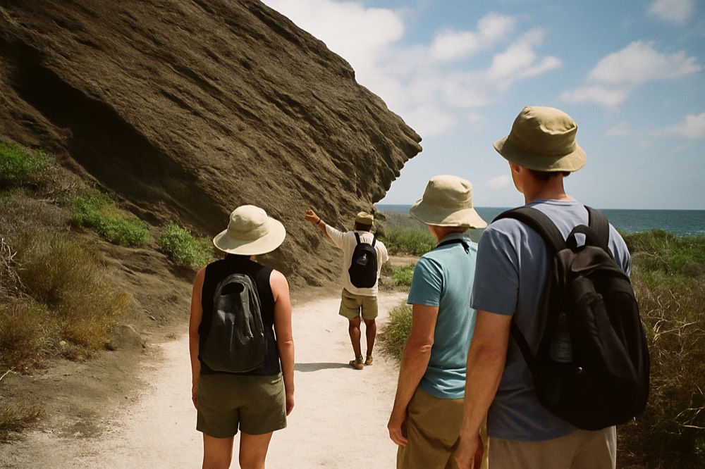 A naturalist guide pointing at a volcanic rock formation while a small group of visitors listens on a coastal trail