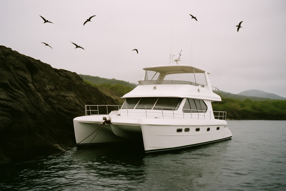 A white luxury catamaran moored near a rocky shoreline with seabirds flying overhead