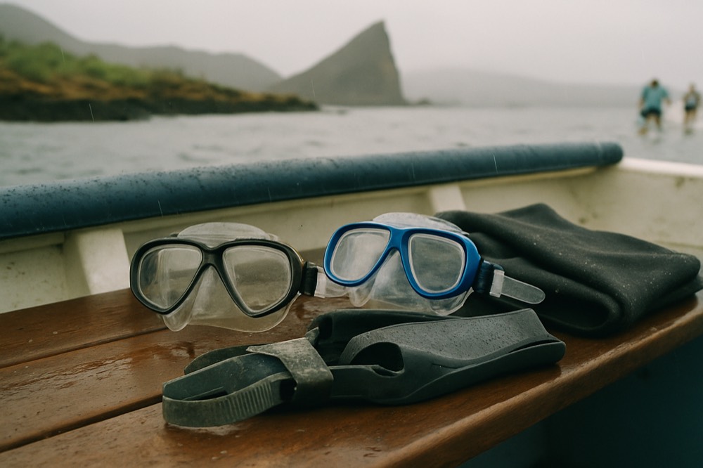 Snorkel gear and a wetsuit laid out on a wooden bench aboard a small boat