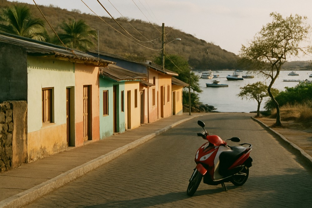 A coastal town street on an inhabited Galapagos island with small buildings and a calm harbour beyond