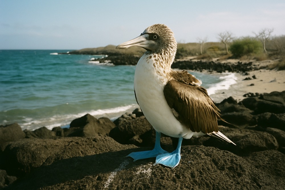 A blue-footed booby standing on dark volcanic rock near the water's edge