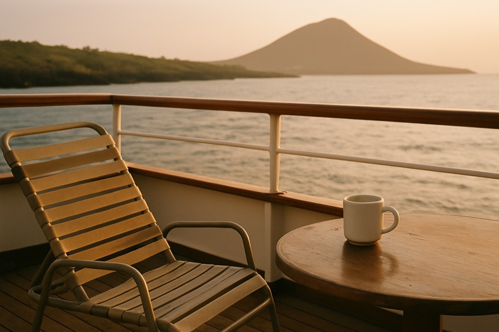 An elegant ship's deck with teak flooring and a view of a volcanic island