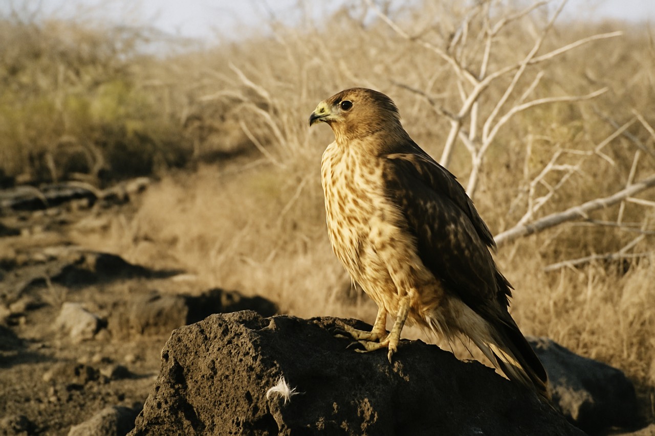A Galapagos hawk perched on a low lava rock with dry scrubland behind it