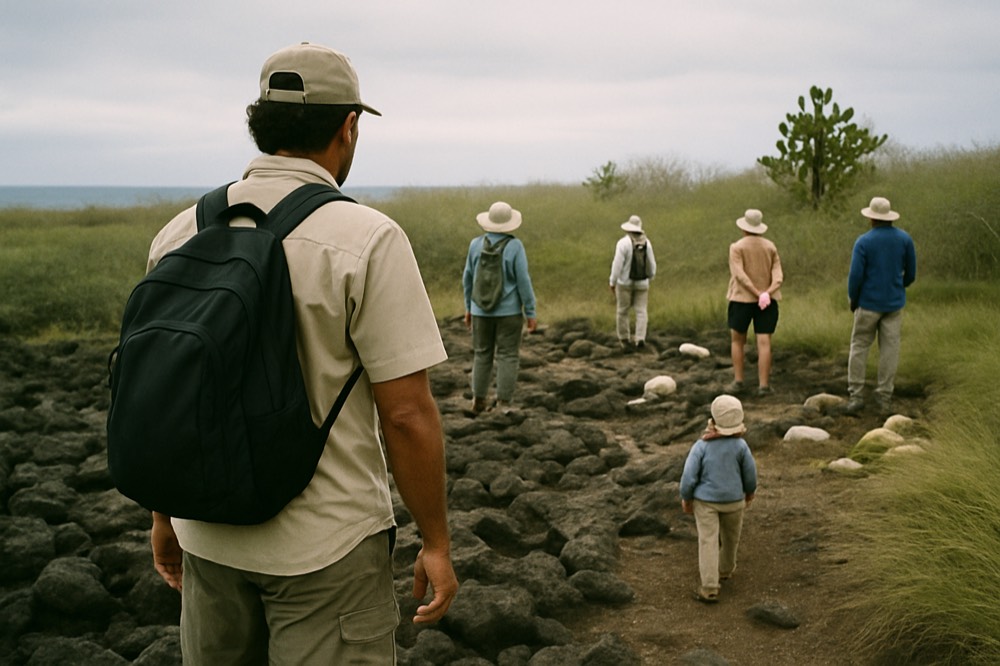 A naturalist guide speaking to a small group of visitors on a rocky shoreline