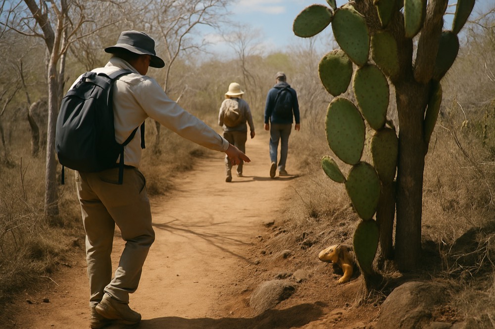 A guide pointing toward wildlife while explaining to visitors on a nature trail
