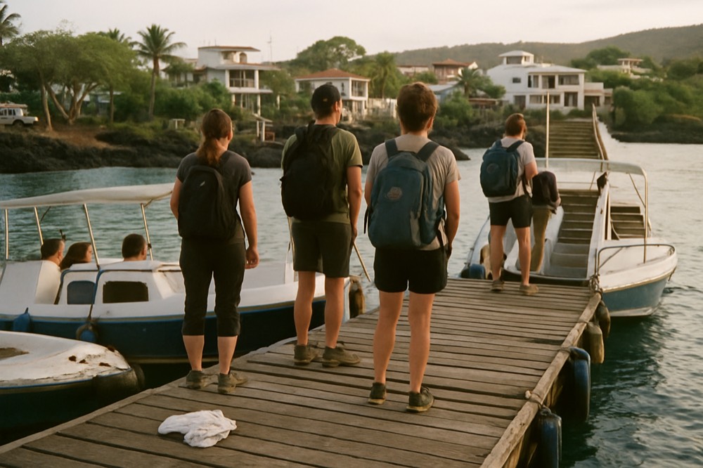 A harbor dock with small boats and passengers waiting to board a ferry