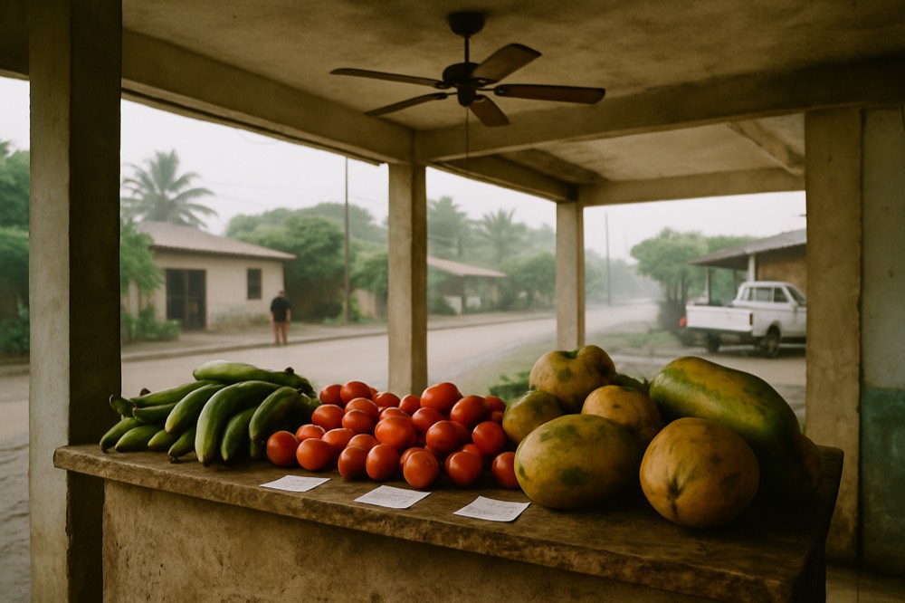 A local market stall with fresh produce and handwritten Spanish price signs