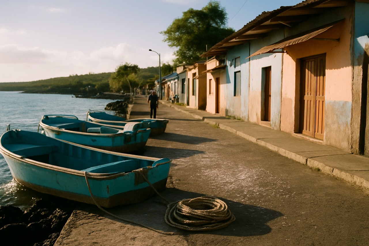 A waterfront street in a Galapagos town with fishing boats and painted shop signs
