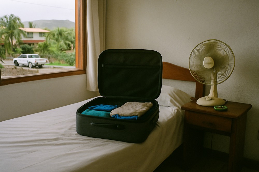 An open suitcase on a hotel bed being packed with folded clothes