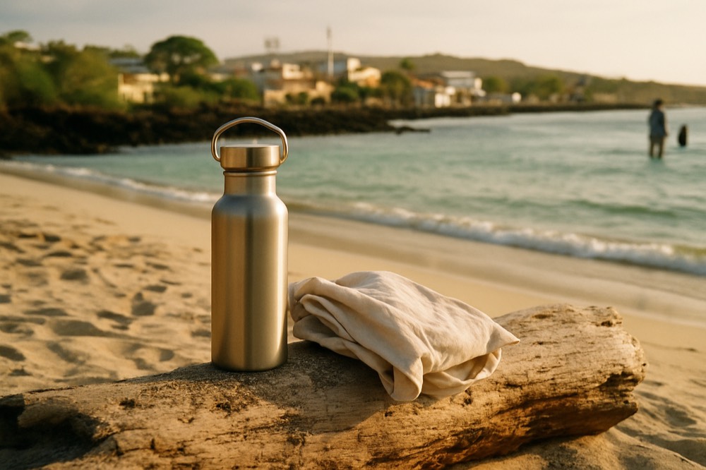A refillable water bottle and cloth bag resting on a wooden bench