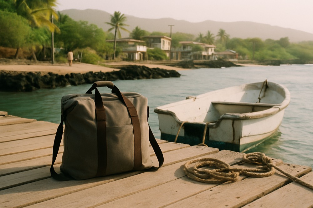 A soft travel duffel bag standing beside a dock with a small boat moored behind it